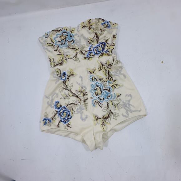 Mac Duggal Embellished Strapless Romper Size 2 Ivory Blue Beaded Floral Mini NWT - Picture 3 of 15